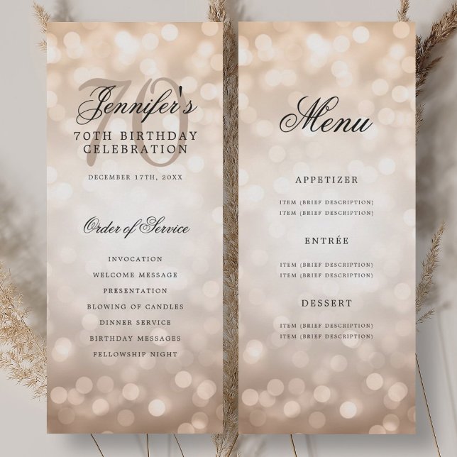Menú del programa de cumpleaños número 70 elegante (Elegant Rose Gold Bokeh 70th Birthday Program Menu)