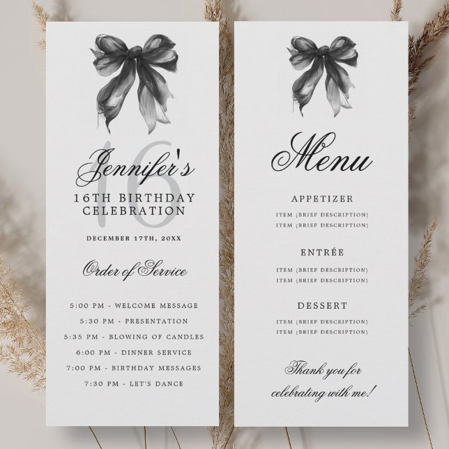 Menú del Programa de la Fiesta de Cumpleaños númer (Elegant Black Bow 16th Birthday Party Program Menu)