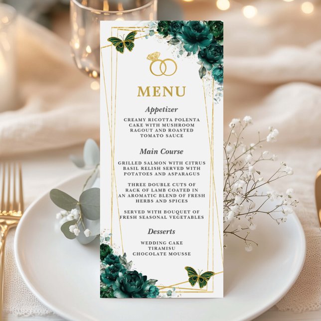 Menú Delgado Boda Mariposas Florales Verde Esmeral (emerald-green-floral-gold-geometric-butterflies-slim-menu-cards-for-wedding-intertwined-gold-rings)
