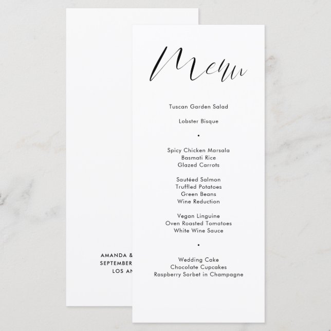 Menú Delicada Boda de guiones de caligrafía blanca negr (Anverso / Reverso)