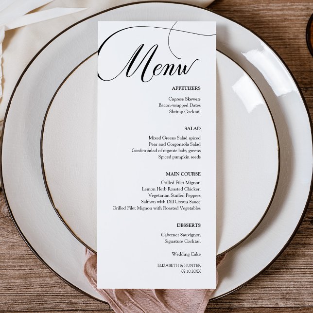 Menú Delicada cena Boda de caligrafía negra (Delicate Black Calligraphy Wedding Dinner Menu Card)