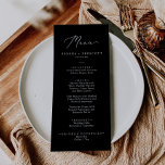 Menú Delicada cena de Boda de caligrafía negra en blanc<br><div class="desc">Esta delicada carta blanca sobre caligrafía negra boda para la cena es perfecta para un boda moderno. El romántico diseño minimalista presenta una bonita y elegante tipografía blanca sobre un fondo negro con un aspecto limpio y sencillo. Este menú se puede utilizar para la recepción de bodas, la cena de...</div>