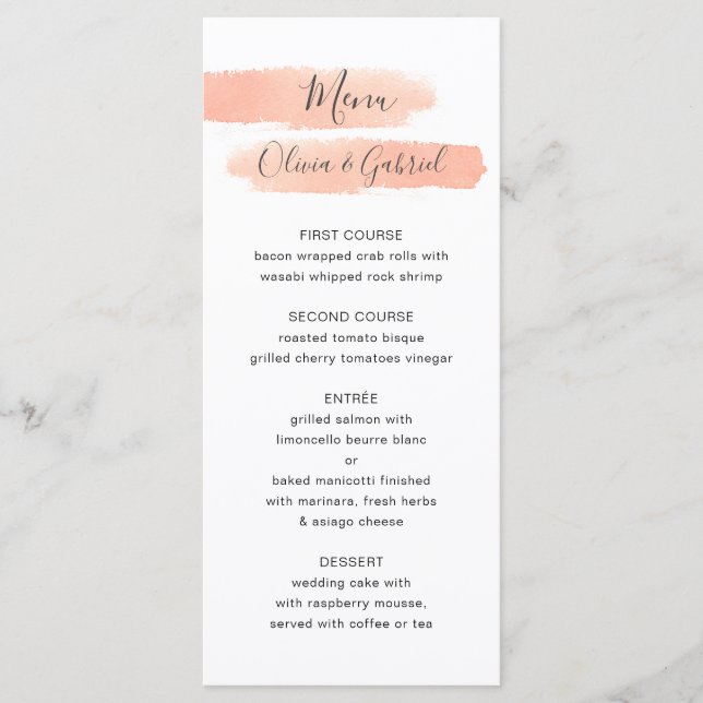 Menú Delicadas rayas de melocotón. boda moderno y senci (Anverso)