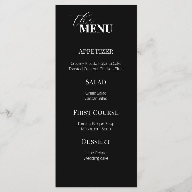 Menú Delicado Boda blanco y negro moderno (Anverso)