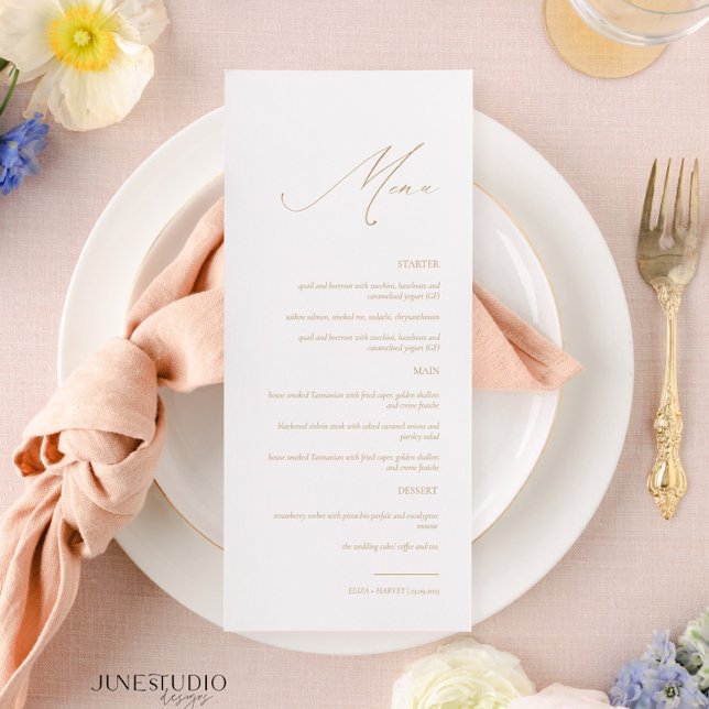 Menú Delicado Boda Gold Elegant de estilo moderno (elegant dainty calligraphy gold wedding menu, delicate script gold menu wedding, classic simple )