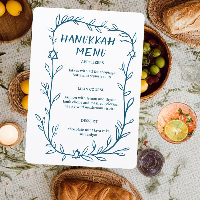 Menú Delicate Botanical Hanukkah Party Dinner CUSTOM  (Delicate Botanical Drawing Hanukkah Party Dinner CUSTOM jewish Event Menu
)