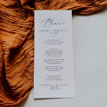 Menú Delicate Plum Purple Calligraphy Boda Cena<br><div class="desc">Esta delicada tarjeta de menú boda con caligrafía púrpura de ciruela es perfecta para un boda moderno. El romántico diseño minimalista presenta una bonita y elegante tipografía morada oscura sobre un fondo blanco con un aspecto limpio y sencillo. Este menú se puede utilizar para la recepción de bodas, la cena...</div>