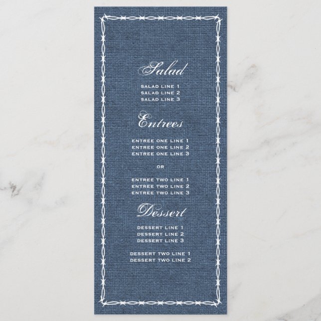 Menú Denim azul de país y alambre barb (Anverso)