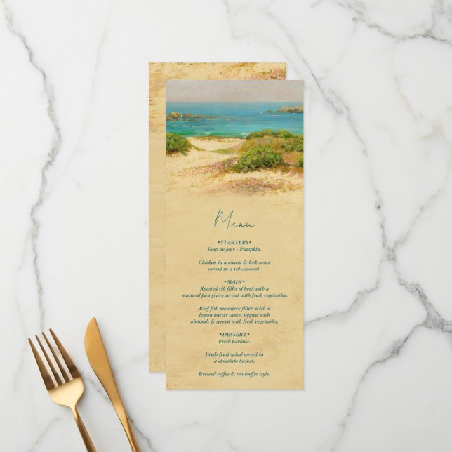 Menú Destino de Boda Costera en Playa con Acuarela (Anverso/Reverso In Situ)