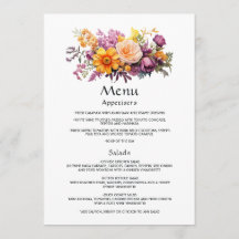 Detalles de invitados florales púrpura, naranja y