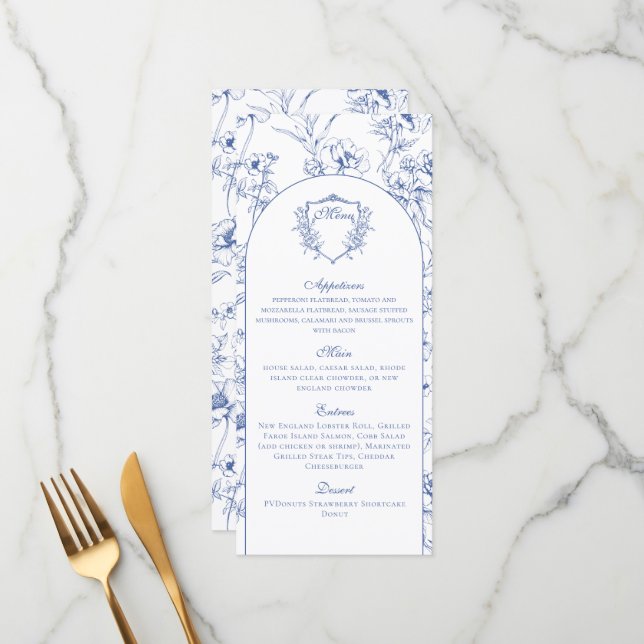 Menú Detalles del elegante Boda de flores azules de épo (Anverso/Reverso In Situ)