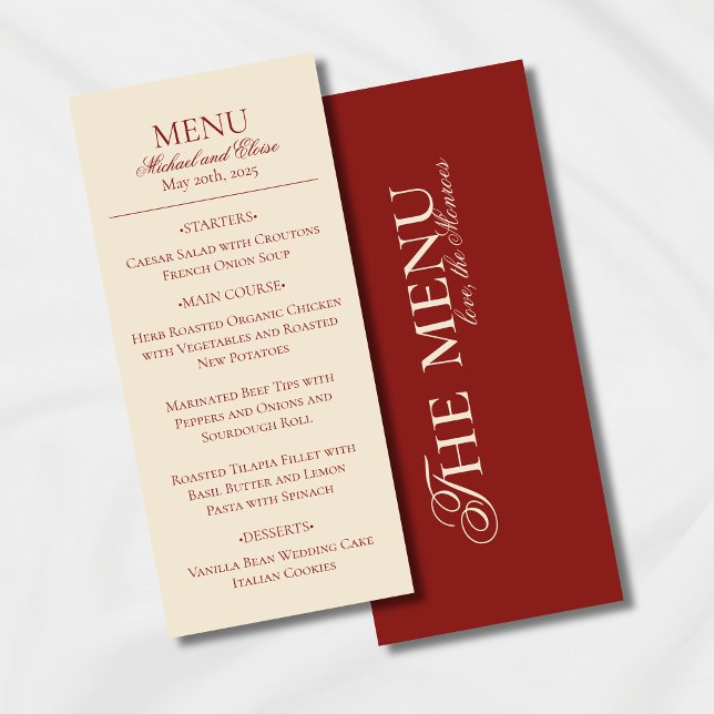 Menú Dinero antiguo simple moderno Cena Boda rojo audaz (Classic Red with Modern Luxury Font Wedding Suite, a perfect elegant touch for the event.)