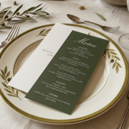 Menú Dinero Antiguo Verde Oliva Elegante Monograma Boda