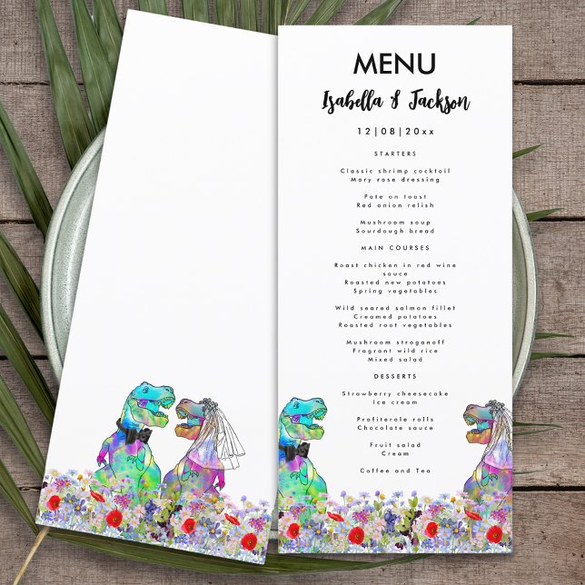 Menú Dinosaurio Boda Flor silvestre colorida (Dinosaur themed wedding menu with colorful T-Rex bride and groom in a colorful wildflower meadow)