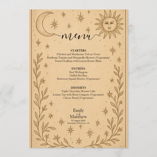 Menú Diseño celestial romántico místico celeste (Anverso)