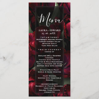 Menú diseño de boda floral borgoña con vino tinto rico