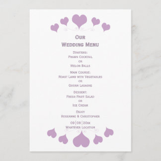 Menú Diseño de Bodas Corazones de Lila