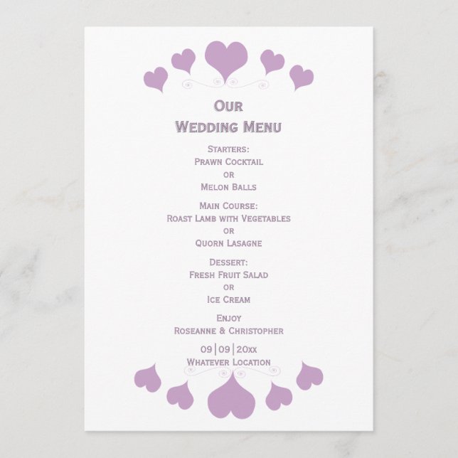 Menú Diseño de Bodas Corazones de Lila (Anverso)