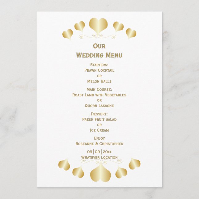 Menú Diseño de Bodas Corazones de Oro (Anverso)