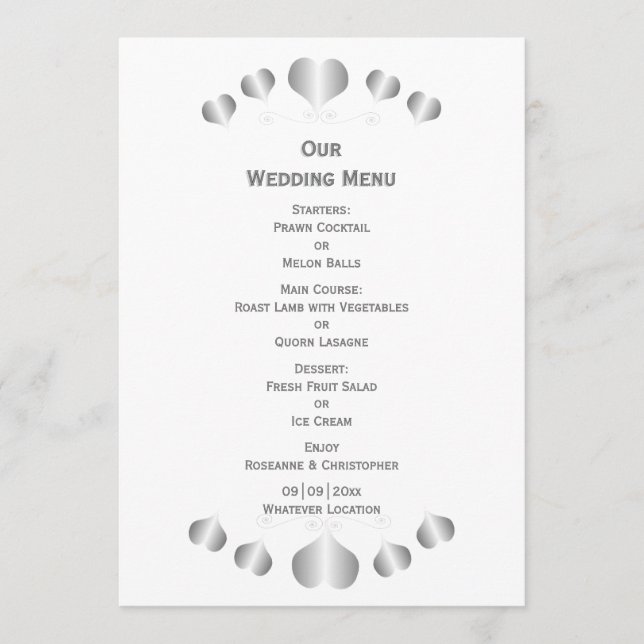 Menú Diseño de Bodas de Corazones de Plata (Anverso)
