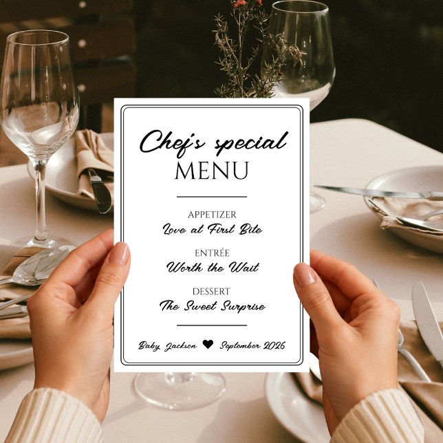 Menú Divertido de Restaurante para Anuncio de Emba (Fun Restaurant Menu Pregnancy Announcement)