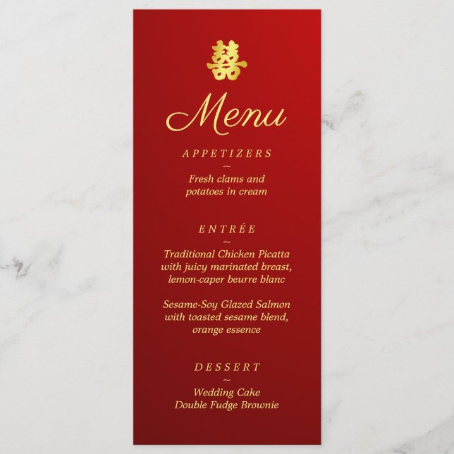 Menú Doble felicidad de boda chino rojo degradado (Anverso)