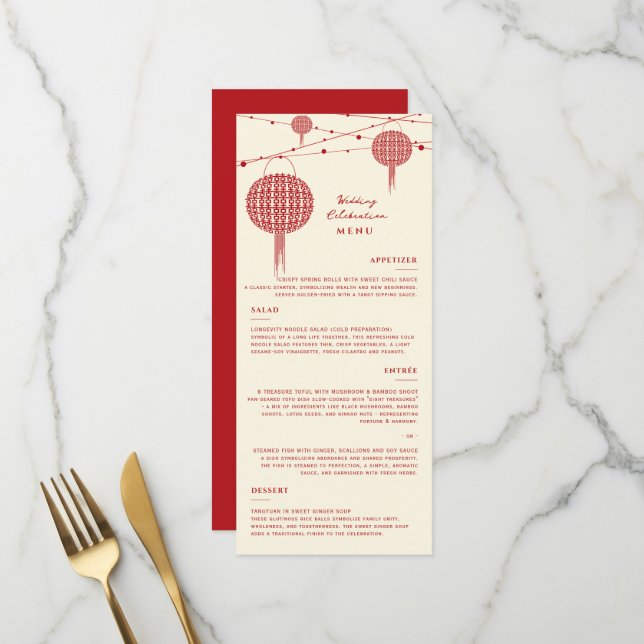 Menú Doble Felicidad Faroles Rojos Chic Boda China (Anverso/Reverso In Situ)