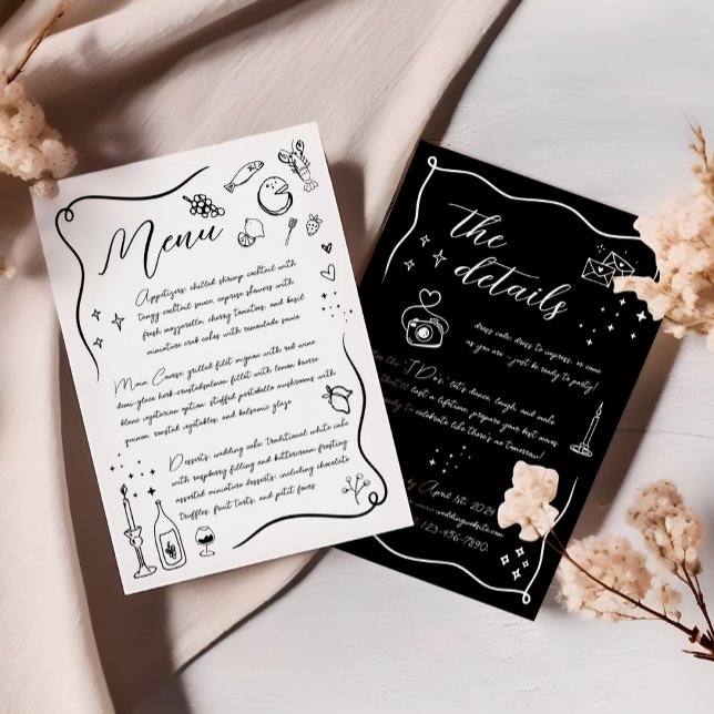 Menú Doodle italiano dibujado a mano Boda blanco y negr (Subido por el creador)