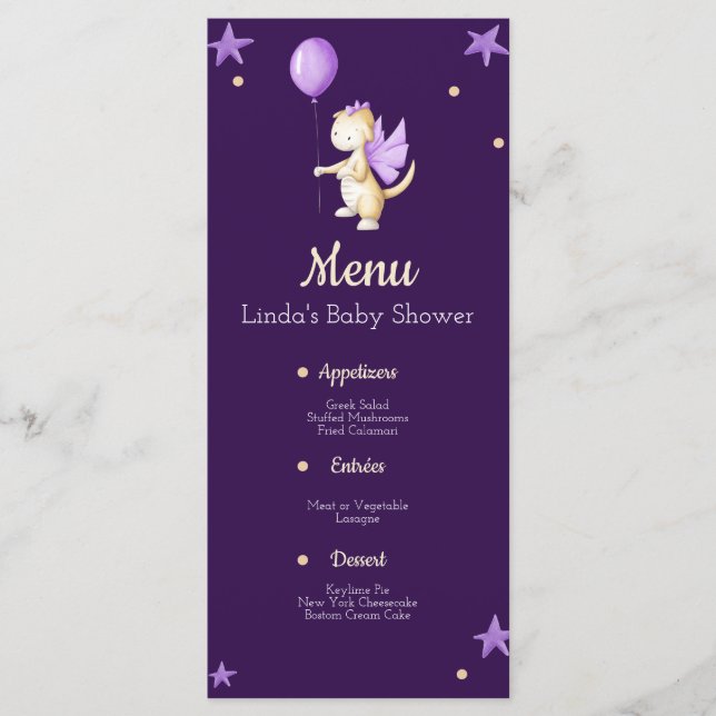Menú Dragón morado con globo Chica Baby Shower (Anverso)