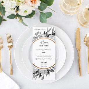 Menú Dramático Boda floral de color blanco y negro
