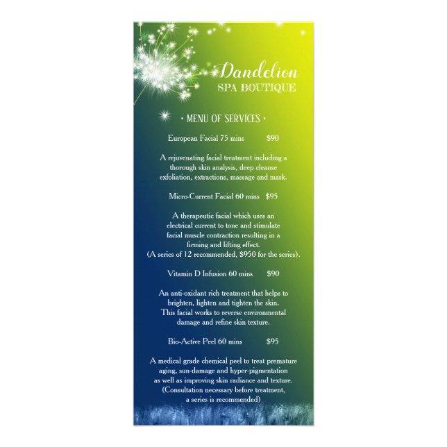 Menú Dreaming Dandelion Massage Spa Price List (Frente)