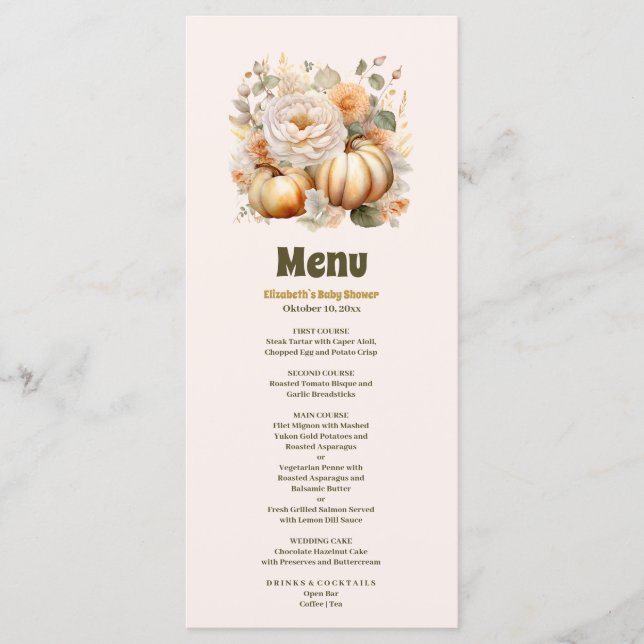 Menú Ducha de bebé floral de acuarela de otoño de peque (Anverso)