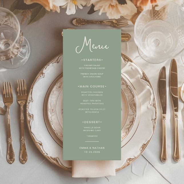 Menú Dulce y caprichoso | Verde sabio y Boda de marfil (A trendy and elegant sage green wedding menu with ivory typography)