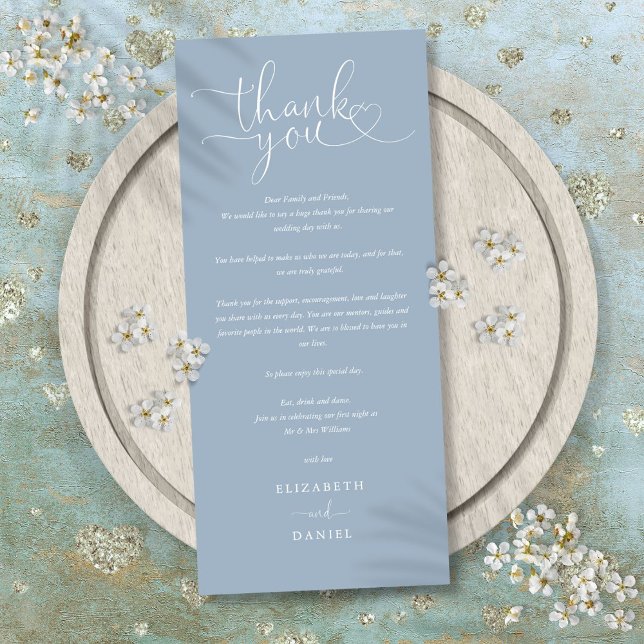 Menú Duste Boda de guiones azules gracias colocar tarje (Dusty Blue Script Wedding Thank You Place Card)