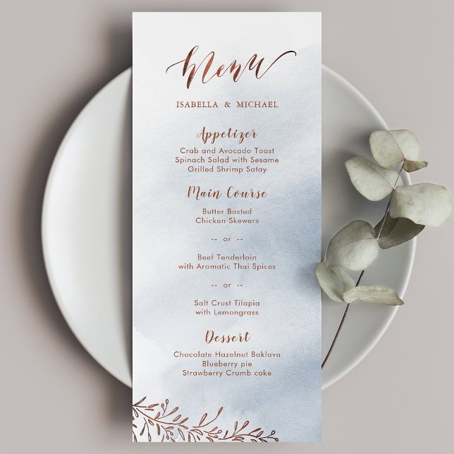 Menú Duste caligrafía azul rústico boda de flores (Dusty blue calligraphy rustic floral wedding menu)
