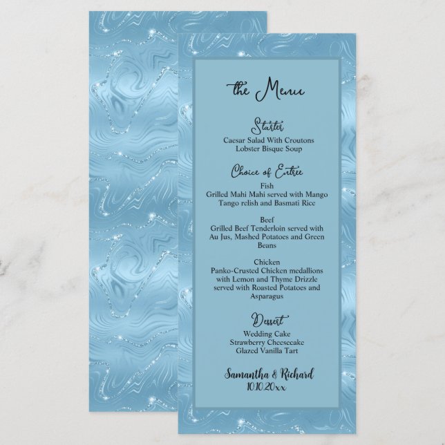 Menú Duste Purpurina de plata azul Boda de 4 x 9" (Anverso / Reverso)