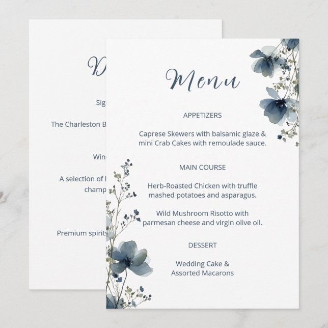 Menú Dusty Blue Botanical Wedding (Anverso / Reverso)