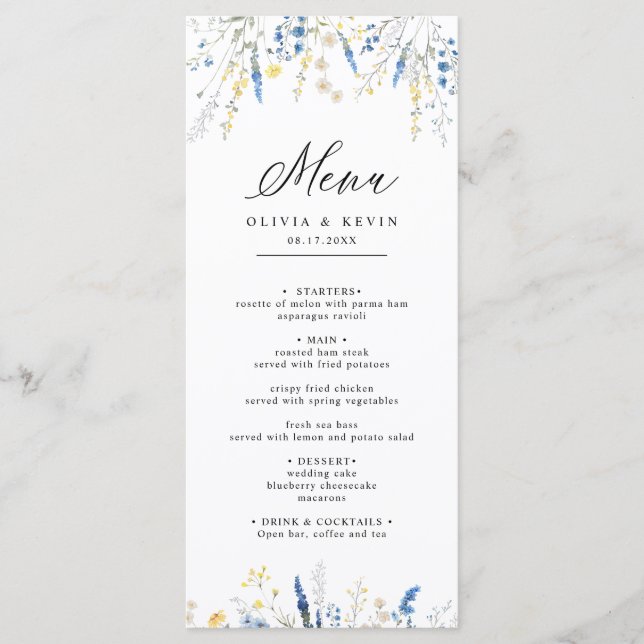 Menú Dusty Blue Dainty Wild Floral Rustic Boho Boda (Anverso)