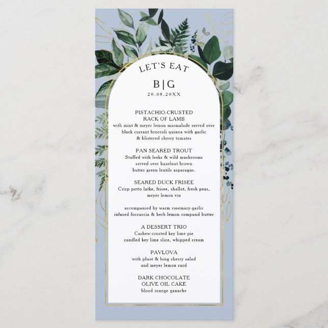 Menú Dusty Blue elegante acuarela dejar la cena boda (Anverso)