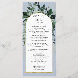 Menú Dusty Blue elegante acuarela dejar la cena boda