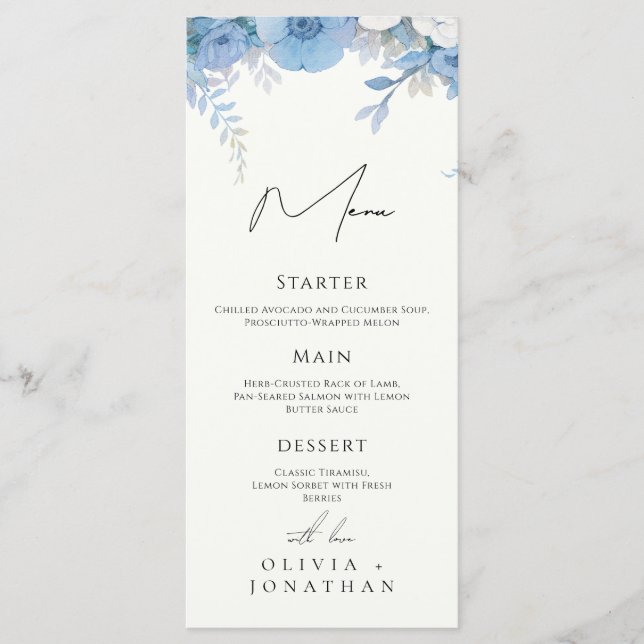Menú Dusty Blue Floral Elegant Wedding (Anverso)