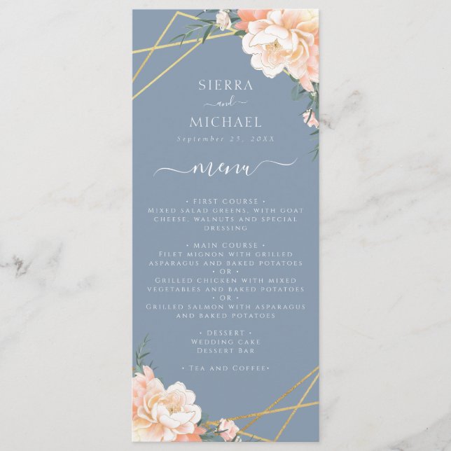 Menú Dusty Blue Floral Peach Gold Wedding (Anverso)