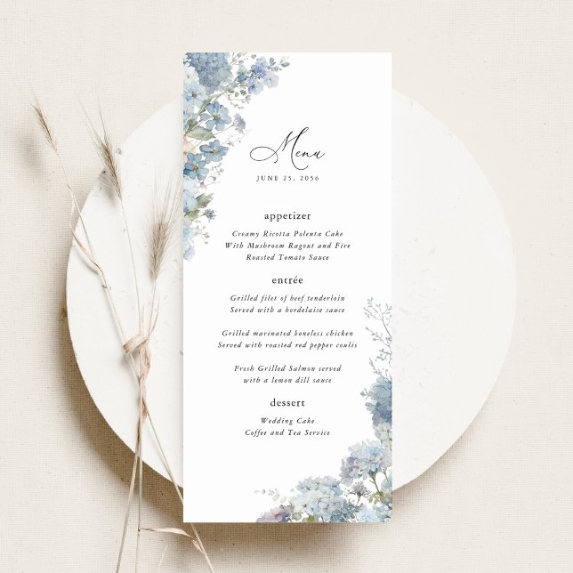 Menú Dusty Blue Floral Wedding Reception Dinner (Dusty blue watercolor wedding menu card, elegant floral reception dinner menu table stationery)