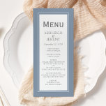 Menú Dusty Blue Gray Boda Minimalista moderno<br><div class="desc">Este diseño sencillo y minimalista presenta el texto en copperplate gris y tipo serif en un rectángulo blanco,  enmarcado por una fina línea blanca sobre un fondo azul polvoriento. El reverso es azul polvoriento sólido.</div>