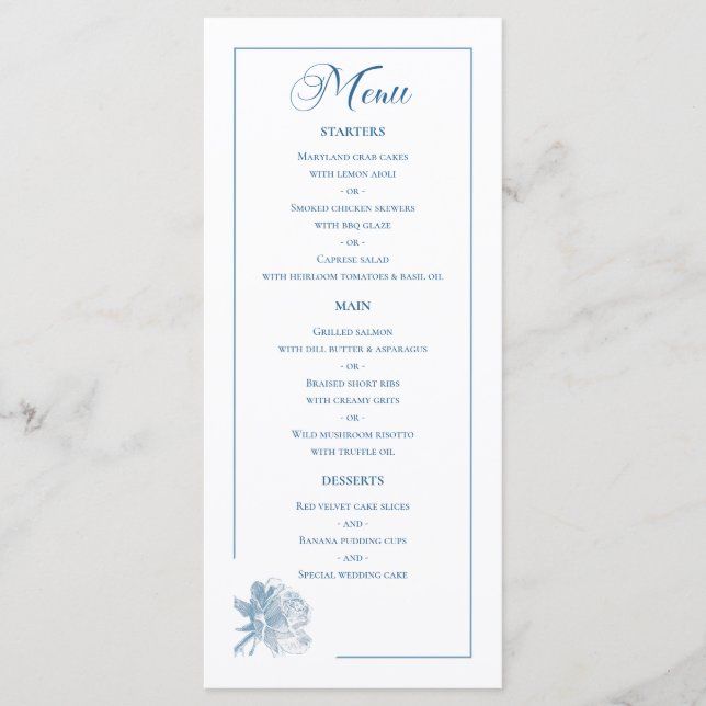 Menú Dusty Blue Line Art Rose Dinner Details Wedding (Anverso)