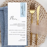 Menú Dusty Blue personalizado con nombre de invitado el<br><div class="desc">¿Por qué gastar en las tarjetas de lugar y de menú cuando se puede tener un elegante menú todo en uno personalizado con cada nombre de invitado? Diseño contemporáneo, sencillo y elegante con una hermosa caligrafía escrita a mano. Stripe en la esquina superior derecha en un polvoriento tono azul con...</div>