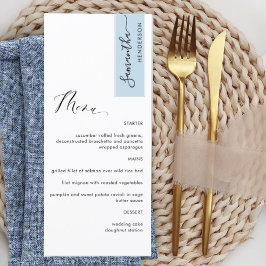 Menú Dusty Blue personalizado con nombre de invitado el