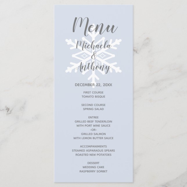 Menú Dusty Blue Snowflake Winter Wedding (Anverso)