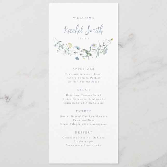 Menú Dusty Blue Wildflower Boho Boda Guest Name (Anverso)