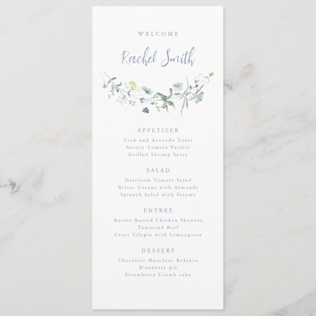 Menú Dusty Blue Wildflower Boho Boda Guest Name (Anverso)